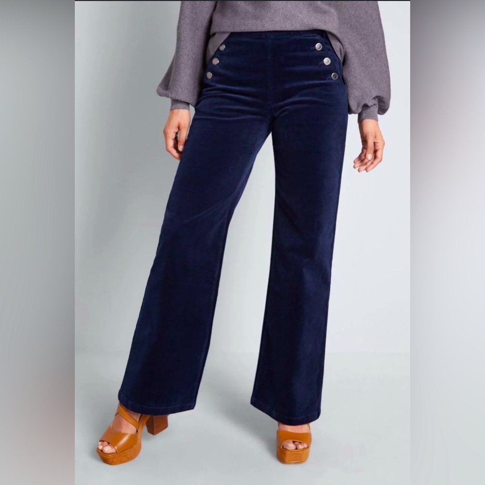 Modcloth The Madison Sailor Style Wide Leg Corduroy Front Button Navy Pants 2‎